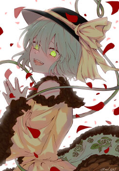 1girl :d black_hat blush commentary_request green_eyes green_hair hat heart heart-shaped_pupils highres komeiji_koishi long_sleeves looking_at_viewer medium_hair open_mouth owl_5151 own_hands_clasped own_hands_together petals red_petals simple_background smile solo symbol-shaped_pupils teeth touhou turning_head twitter_username upper_body upper_teeth_only white_background wide_sleeves