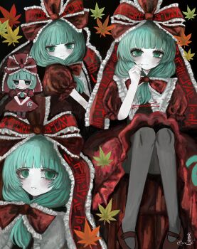 1girl absurdres autumn_leaves chibi closed_mouth commentary_request commission dress expressionless frills green_eyes green_hair highres kagiyama_hina large_ribbon leaf long_hair maple_leaf multiple_expressions pantyhose parted_lips red_dress red_shoes shoes short_sleeves signature skeb_commission smile touhou twitter_username variations xeu_6