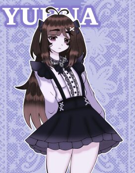 1girl antenna_hair blue_background bow breasts buttons character_name closed_mouth colored_eyelashes expressionless frown hair_bow hair_ornament jirai_kei kiminchiiii long_hair looking_at_viewer love_angel_syndrome outline patterned_background purple_bow purple_skirt skirt small_breasts solo twitter_username very_long_hair watermark white_outline x_hair_ornament yuuna_(love_angel_syndrome)