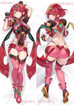 1girl all_fours ass back blush bob_cut boots breasts brown_gloves chest_jewel commentary_request core_crystal_(xenoblade) covered_navel dakimakura_(medium) earrings fingerless_gloves gem gloves green_gem highres impossible_clothes jewelry large_breasts looking_at_viewer lying matrix16 merchandise_available multiple_views on_back paid_reward_available parted_lips pyra_(xenoblade) red_boots red_eyes red_hair red_shorts short_hair short_shorts shorts thigh_boots tiara white_background xenoblade_chronicles_(series) xenoblade_chronicles_2