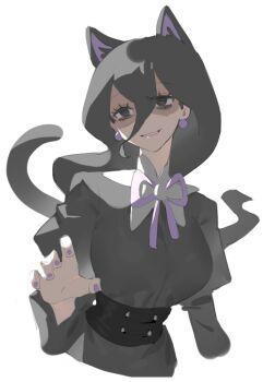 1girl animal_ears bags_under_eyes ball_earrings belt black_belt black_dress black_hair breasts cat_ears cat_tail dress earrings fingernails floating_hair hair_between_eyes hand_up hex_maniac_(pokemon) hex_maniac_(pokemon_legends:_z-a) jewelry juliet_sleeves kemonomimi_mode large_breasts long_hair long_sleeves nail_polish neck_ribbon nintendo parted_lips pokemon pokemon_legends:_z-a puffy_sleeves purple_eyes purple_nails purple_ribbon raine_(acke2445) reaching reaching_towards_viewer ribbon shaded_face simple_background solo tail white_background