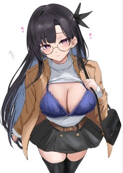 1girl alternate_costume azur_lane bag black_hair black_skirt black_thighhighs blush bra breasts brown_jacket casual commentary_request dupleix_(azur_lane) glasses gloves hair_ornament highres jacket large_breasts long_hair long_sleeves looking_at_viewer mole mole_under_eye parted_lips purple_bra purple_eyes semi-rimless_eyewear shirt shoulder_bag skirt soul_(dp11) thighhighs underwear white_background white_shirt