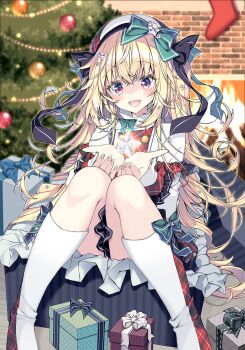 1girl :d beret black_bow black_skirt blonde_hair boots bow box brick_wall christmas christmas_ornaments christmas_stocking commentary_request fire fireplace gift gift_box green_bow hair_between_eyes hair_bow hair_ornament hat highres in_box in_container indoors jacket knees_together_feet_apart knees_up long_hair long_sleeves mizuki_yuuma open_mouth original purple_eyes sitting skirt smile solo star_(symbol) star_hair_ornament two_side_up very_long_hair white_boots white_hat white_jacket