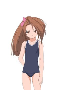Rule 34 | 1girl, arm behind back, artist request, brown eyes, brown hair, cowboy shot, flat chest, fujibayashi suzu, game cg, hair between eyes, hair ribbon, long hair, looking at viewer, official alternate costume, official art, one-piece swimsuit, pink ribbon, ponytail, ribbon, smile, solo, standing, swimsuit, tales of (series), tales of asteria, tales of phantasia, third-party source, transparent background