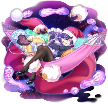 >_< 1girl :3 aged_up alternate_costume black_shoes blob blue_jacket blue_skirt brown_pantyhose doremy_sweet dream_soul dream_world_(touhou) game_cg hammock hat high_heels highres hugging_object id_card jacket lanyard long_sleeves looking_at_viewer nightcap office_lady official_art one_eye_closed open_mouth pantyhose pillow purple_eyes purple_hair red_hat rotte_(1109) sheep shoes short_hair skirt smile solo tail tapir_tail third-party_source touhou touhou_lostword transparent_background