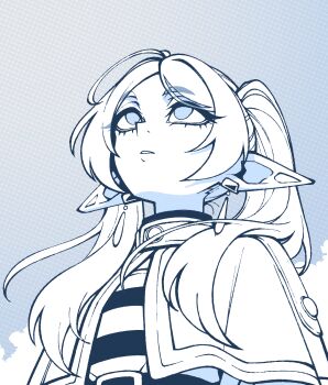 1girl absurdres capelet dress earrings elf floating_earrings frieren highres jewelry long_hair long_sleeves meme parted_bangs pointy_ears scrimblocrimbo simple_background solo sousou_no_frieren teardrop_earrings twintails upward_angle_frieren_drawing_(meme) white_capelet white_hair