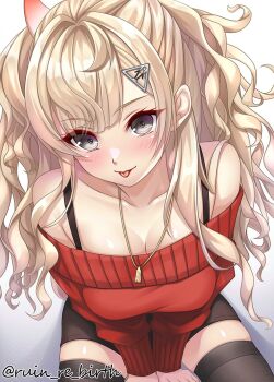 Rule 34 | 1girl, black skirt, black thighhighs, blonde hair, commentary request, from above, gradient horns, grey hair, hair ornament, hairclip, horns, kantai collection, long hair, looking at viewer, minneapolis (kancolle), minneapolis (setsubun) (kancolle), multicolored horns, off-shoulder sweater, off shoulder, official alternate costume, red sweater, ruin re birth, skirt, solo, sweater, thighhighs, tongue, tongue out, twitter username, two side up, wavy hair