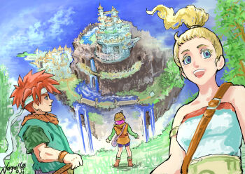 1boy 2girls artist_name bag bare_shoulders black_shorts blonde_hair blue_eyes boots breasts brown_boots chrono_trigger crono_(chrono_trigger) floating_island green_shirt green_tunic headband helmet holding holding_sword holding_weapon long_hair lucca_ashtear marle_(chrono_trigger) medium_breasts multiple_girls naga160oji necktie open_mouth orange_necktie orange_tunic outdoors parted_bangs ponytail purple_hair red_hair romper shirt short_hair shorts shoulder_bag smile spiked_hair sword tunic upper_body water waterfall weapon white_headband white_romper