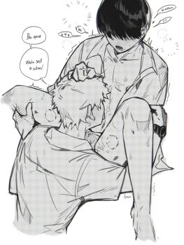 Rule 34 | 2boys, bite mark, bite mark on thigh, collarbone, collared shirt, commentary, english commentary, english text, erection, greyscale, hand in another's hair, head between legs, heart, hickey, highres, hikaru ga shinda natsu, hikayosweet, indou hikaru, legs up, licking, licking stomach, male focus, moaning, mole, mole on cheek, mole under mouth, monochrome, multiple boys, multiple moles, navel, nipples, no pants, open mouth, precum, precum through clothes, shirt, short hair, simple background, sitting, speech bubble, spoken heart, tsujinaka yoshiki, white background, yaoi