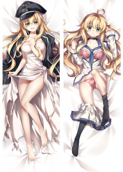 1girl ahoge armband bare_legs barefoot bed_sheet black_choker black_headwear black_jacket black_socks blonde_hair blue_neckerchief bra breasts choker cleavage clothes_pull collarbone dakimakura_(medium) dies_irae dress dress_shirt from_above full_body hat jacket large_breasts long_hair long_sleeves looking_at_viewer lying marie_(dies_irae) military_hat military_jacket miniskirt moeanime neckerchief on_back open_clothes open_jacket open_shirt panties pink_bra pink_panties pleated_skirt shinza_bansho_series shirt side_slit skirt skirt_pull sleeves_past_wrists socks split_screen straight_hair underwear unworn_armband very_long_hair white_dress white_shirt white_skirt
