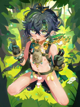 1boy aged_down ahoge ajaw_(genshin_impact) amulet backpack bag black_gloves black_hair black_shoes blush body_blush bracelet censored coin condom condom_belt day double_v erection flaccid flower functionally_nude genshin_impact gloves gluteal_fold grass headband heart heart_censor highres implied_prostitution jewelry kinich_(genshin_impact) leaf leaf_on_head looking_at_viewer male_focus money_bag mora_(genshin_impact) mouth_hold naked_backpack navel necklace nervous_smile nipples nude open_mouth outdoors penis pointless_censoring shiikun shiny_skin shoes short_hair shota skinny sky smile solo spread_legs squatting sweat tareme testicles tree unworn_clothes urethra used_condom v yellow_eyes