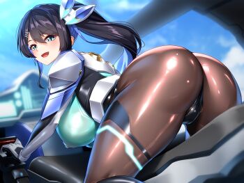 1girl :d absurdres alyssa_(specktech) ass blue_eyes blue_hair blush bodysuit breasts covered_erect_nipples from_behind fumizuki_homura highres huge_ass huge_breasts impossible_bodysuit impossible_clothes impossible_leotard leotard long_hair looking_at_viewer mecha_pilot_suit open_mouth original second-party_source skin_tight smile tongue variant_set