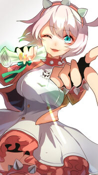 1girl absurdres ahoge aqua_eyes bob_cut boots bracelet breasts collar dress elphelt_valentine guilty_gear guilty_gear_strive hairband highres index_finger_raised jacket jewelry large_breasts nikotomiko025 open_mouth pink_boots pink_collar pink_jacket short_hair shorts_under_dress sleeveless sleeveless_turtleneck smile solo spiked_bracelet spiked_collar spiked_hairband spiked_jacket spiked_thighlet spikes turtleneck white_hair