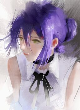 1girl absurdres black_choker black_ribbon chainsaw_man choker closed_mouth collared_shirt commentary green_eyes hair_between_eyes hair_bun highres hozo203 long_hair_between_eyes looking_to_the_side neck_ribbon purple_hair reze_(chainsaw_man) ribbon shirt sleeveless sleeveless_shirt solo upper_body white_shirt