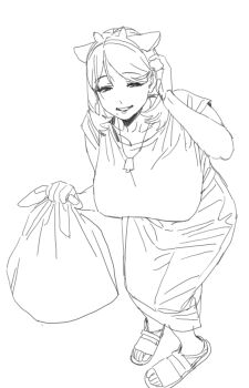 1girl absurdres adjusting_hair animal_ears bag borrowed_character breasts collarbone commentary cow_ears cow_girl cow_horns full_body futao_miruku&#039;s_mother_(riki) greyscale hair_behind_ear half-closed_eyes hanging_breasts highres holding holding_bag horns imamura_ryou inward_flipped_hair jewelry large_breasts lineart long_skirt looking_at_viewer medium_hair mole mole_under_mouth monochrome necklace original parted_bangs sandals shirt short_sleeves skirt smile solo standing t-shirt trash_bag