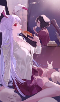 2girls =_= animal_ears black_bra black_hair bra bra_peek breasts collared_shirt commentary_request dango eating floppy_ears food full_body highres holding holding_mallet inaba_tewi indoors kine long_hair long_sleeves looking_at_viewer mallet medium_breasts mitarashi_dango multiple_girls open_clothes open_mouth open_shirt pleated_skirt purple_hair purple_skirt rabbit rabbit_ears red_eyes reisen_udongein_inaba round_window shirt short_hair shouji sitting skirt sliding_doors smile taninasi touhou tsukimi_dango underwear very_long_hair wagashi wariza white_shirt window