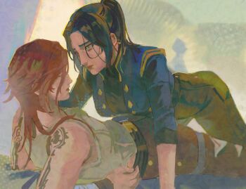 2girls adversarial_noise arcane:_league_of_legends arcane_caitlyn arcane_vi arm_tattoo belt black_pants blue_eyes blue_hair blue_jacket brown_pants caitlyn_(league_of_legends) closed_mouth highres jacket league_of_legends long_hair looking_at_another mmmeeaou multiple_girls pants ponytail red_hair tank_top tattoo vi_(league_of_legends) white_tank_top yuri