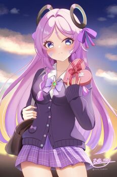 Rule 34 | 1girl, absurdres, bag, blue eyes, blush, bow, box, braid, breasts, brown bag, citlali (genshin impact), citlali (parallels meet school) (genshin impact), closed mouth, cloud, commentary request, cowboy shot, fingernails, frown, genshin impact, gift, hands up, heart-shaped box, highres, holding, holding gift, hyakuya iori, jacket, long hair, long sleeves, looking at viewer, medium breasts, multicolored hair, nail polish, outdoors, pink hair, pink pupils, purple bow, purple hair, purple jacket, purple nails, purple skirt, shoulder bag, signature, skirt, solo, twin braids, twitter username, very long hair