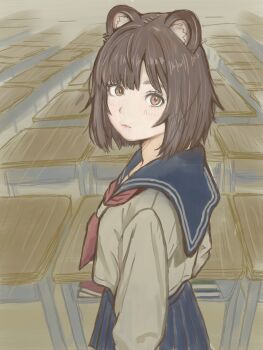 1girl animal_ears blue_sailor_collar blue_skirt brown_eyes brown_hair commentary desk expressionless highres looking_at_viewer medium_hair neckerchief original raccoon_ears raccoon_girl red_neckerchief sailor_collar school_uniform serafuku skirt solo tanukichi_mingo