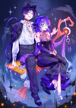 1boy 1girl alternate_body_size alternate_costume animal_ears aqua_eyes aqua_hair arm_at_side arm_cutout arm_support arm_tattoo artist_name asymmetrical_bangs behind_another bell black_bow black_choker black_dress black_eyes black_nails black_pants black_shoes blunt_bangs blunt_ends bodystocking bow bridal_gauntlets bright_pupils cat_boy cat_ears cat_tail chest_tattoo choker closed_mouth clothing_cutout cloud cloudy_sky collarbone collared_shirt colored_tips crescent_ornament dress ear_piercing earrings extra_ears eyeliner eyeshadow fang foxtrot_(foxtrot_xx) genshin_impact gold gradient_hair grey_jacket grey_lips hair_between_eyes hair_bow hair_intakes hair_ornament halloween halloween_costume high_heels highres jacket jacket_on_shoulders jewelry jingle_bell lipstick_mark_on_chest long_hair long_sleeves looking_at_viewer makeup middle_ring mona_(genshin_impact) multicolored_hair neck_bell night night_sky o-ring own_hands_together pants pectoral_cleavage pectorals piercing purple_bridal_gauntlets purple_hair purple_nails red_eyeliner red_eyeshadow ribbed_dress scaramouche_(genshin_impact) shirt shoes short_eyebrows sidelocks sitting sitting_between_lap skull_hair_ornament sky staff star_(sky) star_(symbol) star_cutout star_earrings star_print star_tattoo starry_sky tail tassel tattoo teeth tsurime twintails upper_teeth_only very_long_hair white_pupils white_shirt white_shoes white_sleeves