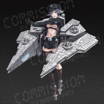 1girl absurdres belt black_socks black_thighhighs blue_eyes breasts cropped_jacket crossover field_cap flying hat highres huihuang_rongyao kantai_collection large_breasts looking_at_viewer mecha_musume medium_breasts navel personification purple_hair short_hair side_slit single_thighhigh skin_tight skindentation skirt socks solo spacecraft star_wars stomach thighhighs underboob zettai_ryouiki