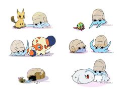 animated clobbopus fighting gen_1_pokemon gen_2_pokemon gen_3_pokemon gen_7_pokemon gen_8_pokemon k_arasum_i mimikyu natu nintendo no_humans omanyte pokemon pokemon_(creature) pokemon_focus punching shell silcoon snom tagme tentacles video white_background