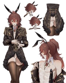 1boy alternate_costume animal_ears ass black_leotard black_thighhighs blush chibi crossdressing crossdressing_(mtf) diluc_(genshin_impact) genshin_impact hair_between_eyes highres leotard long_hair male_focus multiple_views ponytail rabbit_ears rabbit_tail red_eyes red_hair simple_background tail thighhighs thighs torn_clothes torn_thighhighs transparent_leotard white_background zehuij