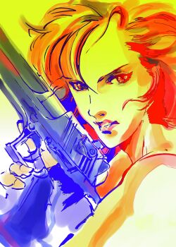 Rule 34 | 1girl, absurdres, bare shoulders, black gloves, desert eagle, fingerless gloves, from side, gloves, gun, handgun, highres, holding, holding gun, holding weapon, meryl silverburgh, metal gear (series), metal gear solid, official art, parted lips, portrait, red hair, serious, shinkawa youji, short hair, solo, weapon