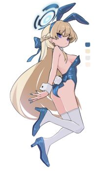 Rule 34 | 1girl, animal ears, armpit crease, ass, blonde hair, blue archive, blue eyes, blue halo, blue nails, blue shoes, commentary, fake animal ears, halo, highres, long hair, official alternate costume, playboy bunny, qusouzu mogari, rabbit ears, rabbit tail, shoes, simple background, tail, thighhighs, toki (blue archive), toki (bunny) (blue archive), white background, wrist cuffs