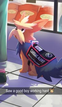 absurdres applecharmstarhorse-acsh brown_fur clothed_pokemon commentary dog emoji english_commentary english_text gen_5_pokemon herdier highres nintendo pokemon pokemon_(creature) solo_focus tile_floor tiles