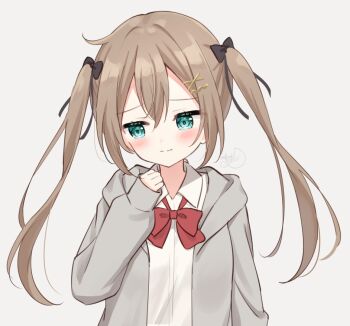 Rule 34 | 1girl, aqua eyes, averting eyes, black bow, black ribbon, blush, bow, bowtie, brown hair, closed mouth, collared shirt, commentary, facing viewer, grey jacket, hair bow, hair ornament, hair ribbon, hanazora satsuki, hand up, hood, hooded jacket, jacket, long sleeves, looking to the side, loose bowtie, open clothes, open jacket, original, red bow, red bowtie, ribbon, shirt, simple background, sleeves past wrists, solo, white background, white shirt, x hair ornament