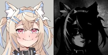 1girl animal_collar animal_ear_fluff animal_ears bandaid bandaid_hair_ornament belt_collar black_collar blonde_hair blue_hair blue_hairband blush closed_mouth collar commentary commentary_request crossed_bangs dog_ears dog_girl english_commentary fake_horns fuwawa_abyssgard fuwawa_abyssgard_(1st_costume) grey_background hair_between_eyes hair_intakes hair_ornament hairband hairclip highres hololive hololive_english horns kukie-nyan long_hair looking_at_viewer meme mr._incredible_becoming_uncanny_(meme) multicolored_hair multiple_views pink_eyes portrait raised_eyebrow smile spiked_collar spikes split_screen streaked_hair two_side_up virtual_youtuber