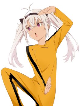 Rule 34 | 1girl, akitetsu, bruce lee's jumpsuit, dark-skinned female, dark skin, fighting stance, flat chest, grey hair, jumpsuit, kill bill, long hair, looking to the side, matsukai mao, nijisanji, open mouth, purple eyes, solo, transparent background, twintails, virtual youtuber, yellow jumpsuit