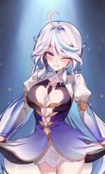 1girl ahoge alternate_breast_size animated armlet blinking blue_dress blue_hair blue_pupils blurry blurry_background bouncing_breasts breasts closed_mouth dress focalors_(genshin_impact) foxyreine furina_(genshin_impact) genshin_impact gradient_clothes gradient_dress grey_hair grin hair_between_eyes hair_intakes jewelry juliet_sleeves large_breasts light_smile live2d long_hair long_sleeves looking_at_viewer multicolored_hair one_eye_closed puffy_sleeves smile solo spoilers thighs two-tone_hair very_long_hair video winking_(animated)