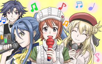1boy 3girls absurdres agnes_claudel bartender blonde_hair blue_hair eiyuu_densetsu happy_aura highres holding holding_microphone karaoke laura_s._arseid long_hair microphone multiple_girls music musical_note noel_seeker rean_schwarzer sen_no_kiseki_(series) singing surasho_oekaki