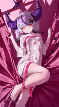 1girl absurdres barefoot belt black_nails blush breasts commentary grey_hair hair_ornament highres hololive horns la+_darknesss lying multicolored_hair nail_polish navel on_back purple_hair ramuneru short_twintails small_breasts smile solo stomach streaked_hair symbol-only_commentary tail thighs twintails virtual_youtuber wet wet_clothes yellow_eyes