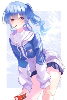 Rule 34 | 1girl, black skirt, blue hair, blue jacket, blush, box, commentary request, food, food in mouth, hands on own knees, highres, holding, holding box, hololive, hood, hooded jacket, hoodie, hoshimachi suisei, jacket, leaning forward, long hair, long sleeves, looking at viewer, miniskirt, nishiki yuno, pleated skirt, pocky, pocky in mouth, purple eyes, skirt, solo, star (symbol), star in eye, symbol in eye, virtual youtuber, yellow nails
