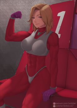 1girl abs blonde_hair bodysuit breasts clenched_hand closed_mouth commission f-zero gloves hand_up highres looking_at_viewer mrs._arrow nintendo purple_eyes purple_gloves putcher queen_meteor red_bodysuit short_hair sitting solo watermark web_address
