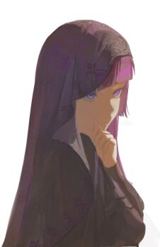Rule 34 | 1girl, absurdres, artist name, black dress, black veil, closed mouth, commentary, dress, guilline (yyalloww), hand up, highres, long hair, long sleeves, looking to the side, original, purple eyes, purple hair, simple background, solo, upper body, veil, white background, yyalloww