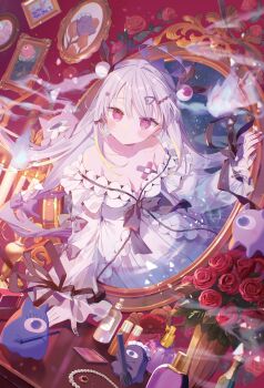 1girl @_@ absurdres arm_support armpit_crease bandaid bandaid_on_breast black_bow black_ribbon blush bow breasts cleavage closed_mouth collarbone cosmetics creature dress flower hair_bow hair_ornament hairpin halo highres ibara_riato liver_city long_hair long_sleeves looking_at_viewer medium_breasts nail_ornament off-shoulder_dress off_shoulder original pink_eyes portrait_(object) pout purple_halo red_flower red_rose ribbon rose solo through_medium through_mirror white_dress white_hair