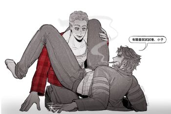 2boys animification belt blush cigar claw_(weapon) collarbone deadpool deadpool_(movie) deadpool_(series) denim eyebrow_cut facial_hair full-face_blush hashtag-only_commentary highres jacket jeans k4nc_wolverine legs_on_another's_shoulders long_sleeves looking_at_another male_focus marvel mouth_hold multiple_boys muscular muscular_male open_fly open_mouth pants short_hair smile smirk smoke smoking speech_bubble sweatdrop translation_request weapon wolverine_(x-men) x-men x-men_(2000) x-men_film_series yaoi