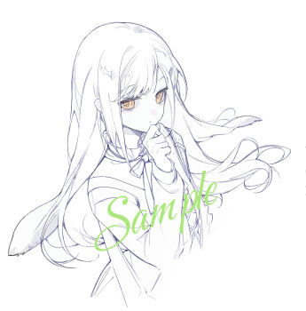 Rule 34 | 1girl, animal ears, arknights, bang dream!, bang dream! it's mygo!!!!!, chinese commentary, closed mouth, commentary request, commission, cropped torso, floppy ears, hand on own chin, highres, lineart, long hair, looking at viewer, monochrome, rabbit ears, rabbit girl, sample watermark, sanmingzhi tong, second-party source, simple background, solo, spot color, stroking own chin, wakaba mutsumi, wakaba mutsumi (marionette's id), watermark, white background, yellow eyes