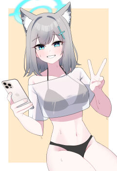1girl absurdres animal_ears black_bra black_panties blue_archive blue_eyes blue_halo bra breasts commentary english_commentary grey_hair halo heterochromia highres holding holding_phone medium_breasts medium_hair navel panties phone shiroko_(blue_archive) smile solo tangsuyook thighs two-tone_background underwear v white_background wolf_ears wolf_girl yellow_background