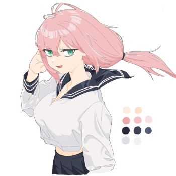 1girl bags_under_eyes black_sailor_collar black_skirt color_guide cropped_torso green_eyes hashtag-only_commentary highres looking_at_viewer michinoku_komaro nishiro_yato open_mouth pink_hair sailor_collar school_uniform seitokai_ni_mo_ana_wa_aru! serafuku shirt simple_background skirt smile solo white_background white_shirt