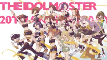 Rule 34 | 6+girls, ahoge, akizuki ritsuko, amami haruka, animal, animal on shoulder, anniversary, arm up, beyond the nobles (idolmaster), beyond the vibes (idolmaster), black hair, black pants, blonde hair, blue hair, breasts, brown hair, closed mouth, cool &amp; sexy (idolmaster), futami ami, futami mami, ganaha hibiki, green eyes, grey hair, hagiwara yukiho, hairband, hamster, hamuzou, highres, holding, holding microphone, hoshii miki, idolmaster, idolmaster (classic), idolmaster 1, idolmaster sp, kikuchi makoto, king of pearl 360 (idolmaster), kisaragi chihaya, long hair, microphone, midriff, minase iori, miura azusa, multiple girls, navel, night and day amcg (idolmaster), one eye closed, oni moya, open mouth, otonashi kotori, pants, ponytail, running, shijou takane, short hair, sleeveless, sparkle, standing, takatsuki yayoi, twintails, yellow hairband, yellow pants