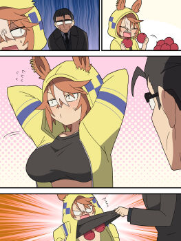 1boy 1girl animal_ears apple breasts brown_hair clothes_lift commentary_request dicta_striker_(umamusume) ear_ornament ears_through_headwear ears_through_hood food fruit glasses hair_between_eyes highres ho_1000_ka hood hooded_jacket hoodie horse_ears horse_girl jacket kouchi_tadashi long_sleeves multicolored_hair open_mouth shirt shirt_lift short_hair smile streaked_hair umamusume umamusume:_cinderella_gray white_hair yellow_eyes yellow_hood yellow_hoodie yellow_jacket