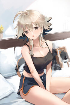 1girl :o absurdres ahoge arknights bare_shoulders black_camisole blue_hair blue_shorts breasts brown_hair camisole colored_inner_hair commentary ema_(kuguiema) grey_eyes highres indoors looking_at_viewer mayer_(arknights) meeboo_(arknights) midriff multicolored_hair on_bed open_mouth pillow plant potted_plant short_hair_with_long_locks shorts sitting sleeveless solo spaghetti_strap v_arms