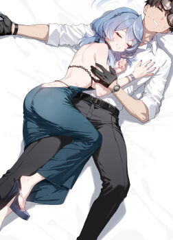 1boy 1girl absurdres ako_(blue_archive) ako_(dress)_(blue_archive) armlet ass backless_dress backless_outfit bare_shoulders bed_sheet belt black010913 black_gloves black_hair black_pants blue_archive blue_hair blue_halo bracelet breasts butt_crack closed_eyes collared_shirt commentary dress drooling english_commentary eyewear_on_head gloves halo hand_on_another's_cheek hand_on_another's_face high_heels highres jewelry long_sleeves medium_hair on_bed pants pink_nails sensei_(blue_archive) shirt short_hair sideboob sleeping sleeping_on_person stiletto_heels sweat teal_outfit watch white_shirt wristwatch
