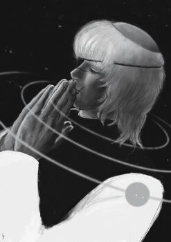 Rule 34 | 1boy, badeni, chi.: chikyuu no undou ni tsuite, closed eyes, closed mouth, eyepatch, fingernails, greyscale, highres, k05062688, lips, male focus, monochrome, nose, orbital path, own hands together, praying, scar, scar on face, scar on lip, scar on mouth, scar on nose, solar system, solo, tabard, upper body