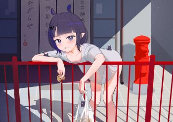 :d absurdres against_railing bag bent_over besi_(besidoesart) blunt_bangs bob_cut bottomless breasts commentary cookie day fire_hydrant food grey_shirt grin hair_ornament hairclip highres holding holding_bag holding_cookie holding_food hololive hololive_english looking_at_viewer mole mole_under_eye naked_shirt ninomae_ina&#039;nis ninomae_ina&#039;nis_(loungewear) official_alternate_costume open_mouth outdoors plastic_bag pointy_ears purple_hair railing see-through_clothes see-through_shirt shirt short_hair small_breasts smile t-shirt takodachi_(ninomae_ina&#039;nis) virtual_youtuber